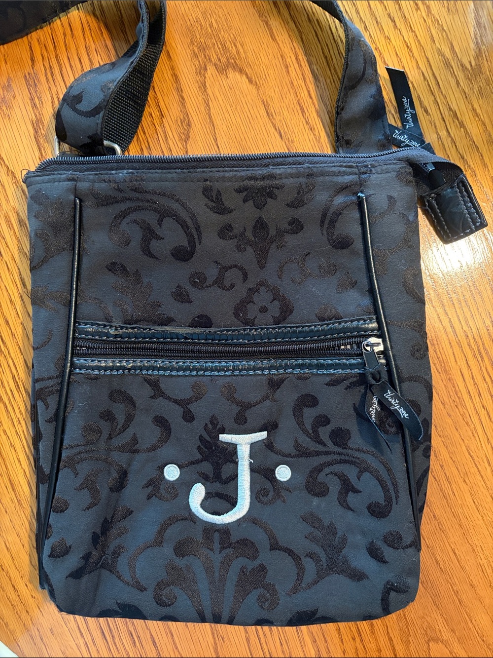 Thirty-One Black Damask Crossbody Bag with Embroidered “J” in silver/gray